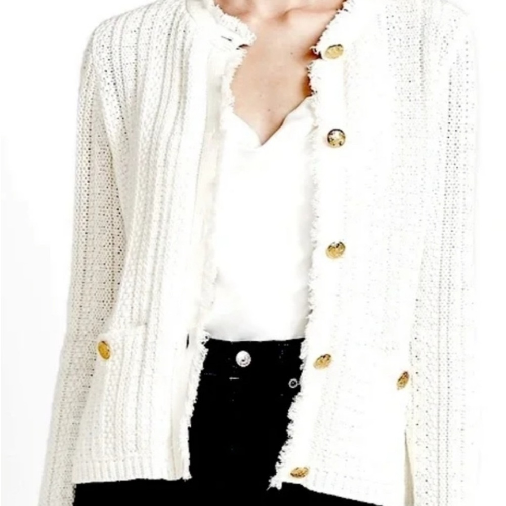 Express Woman’s Lg White Cardigan Sweater Gold Buttons Frayed Sleeves/Neckline